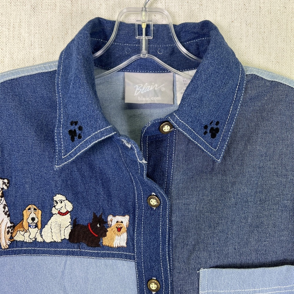 VTG Blair Embroidered Denim L/S Shirt Dog Lover Patchwork Women's Medium Y2K - Picture 6 of 9